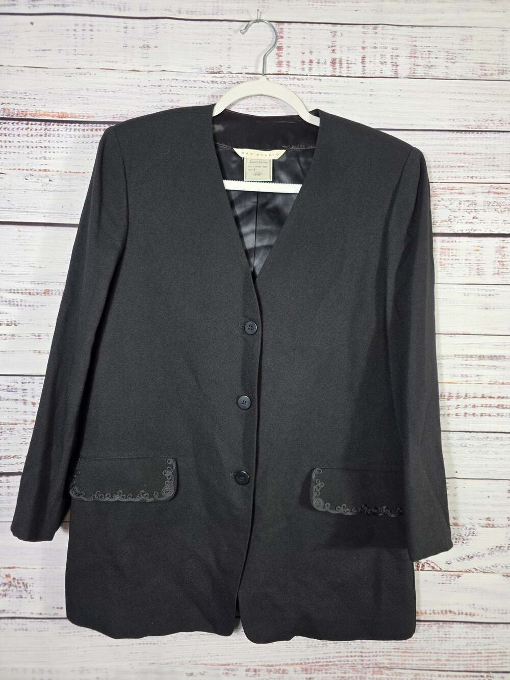 VTG Max Studio Special Edition Blk longline Blazer embroidered pockets 6